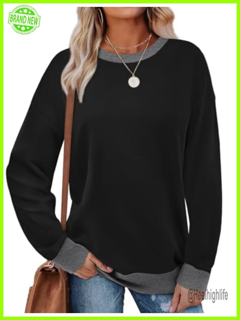 Saloogoe Women's Color Block Ribbed Trim Crewneck Sweatshirt Long Sleeve